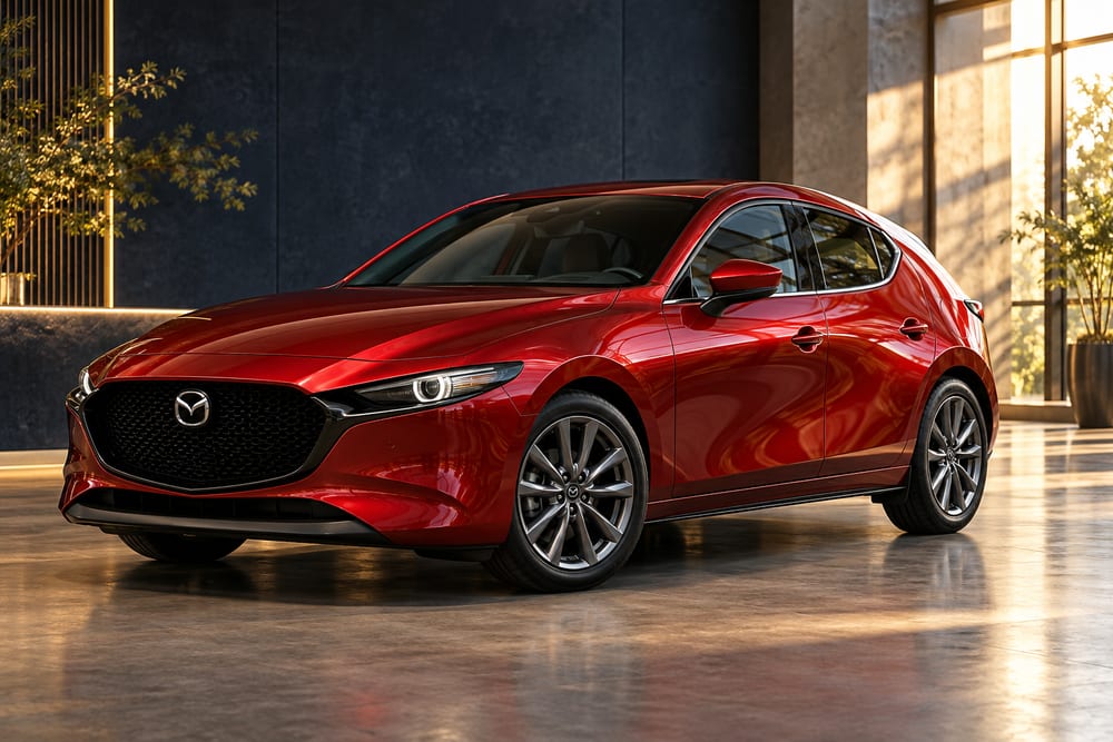 Illustrative red Mazda hatchback in a showroom
