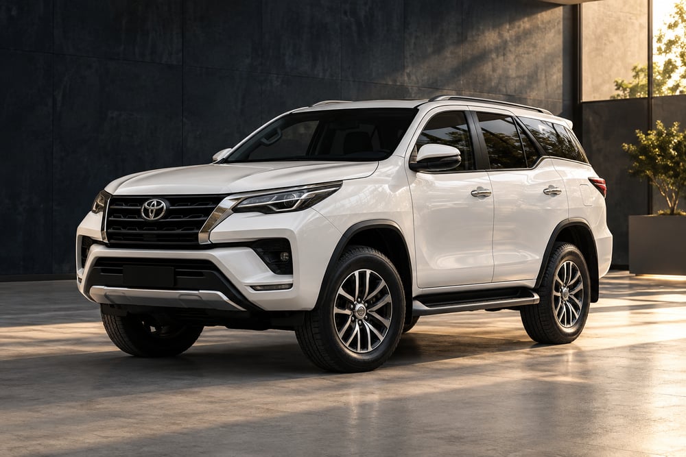 Illustrative pearl-white SUV in a showroom