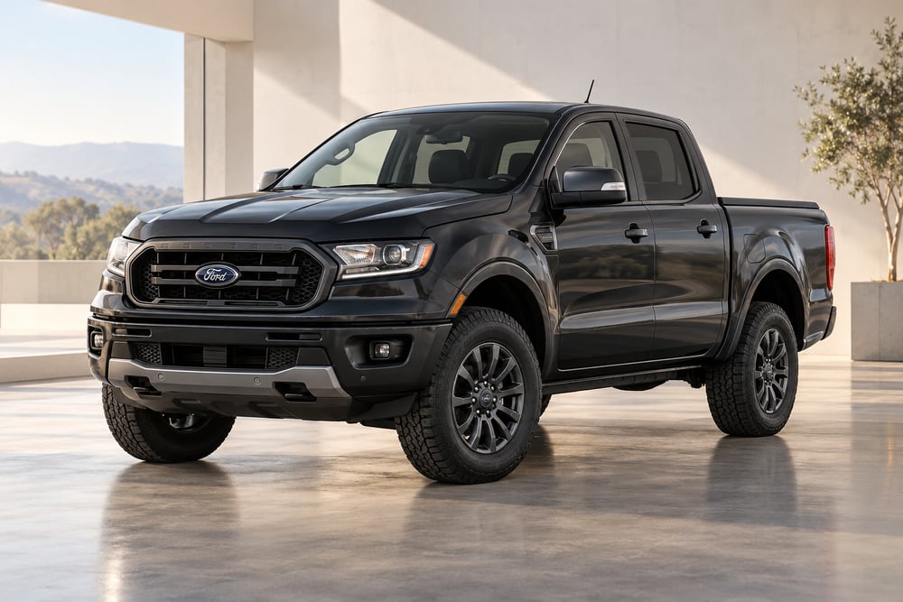 Illustrative black pickup truck in a showroom